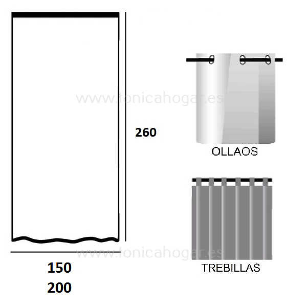 Medidas disponibles Cortina Confeccionada Segorbe Gris de Orian 150x260, 200x260 