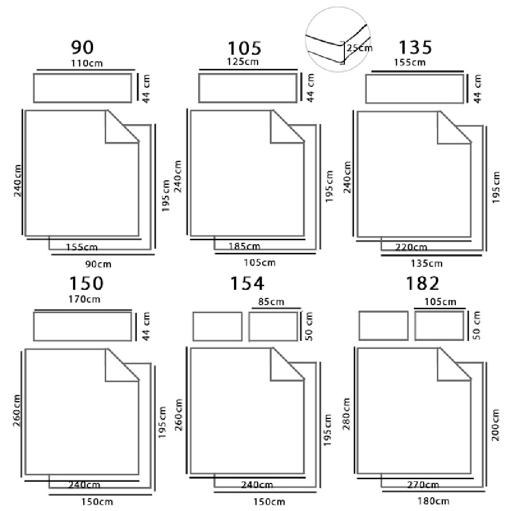 Medidas disponibles Funda Nórdica Bourne de Reig Marti 090, 105, 135, 150, 180 